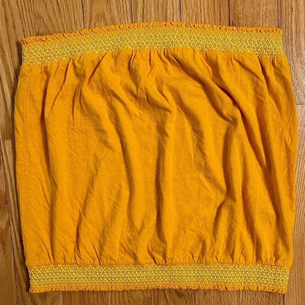 Anthropologie smocked strapless tube top shirt yellow Sz L festival boho summer